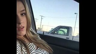 Hot blonde girl next door fingers herself in her car