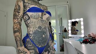Red and Blue Cut out Micro Bikini try on Melody Radford