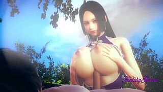 One Piece Hentai 3D - Boa Hancock rubbing tits, boobjob and cowgirl in the garden