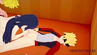 Boruto Naruto Hentai - Threesome Hinata is Fucked by Naruto while sucks Boruto's Dicks and They cums in her mouth and pussy