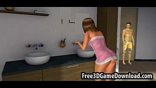 Beautiful 3d cartoon babe with long brown hair being touched